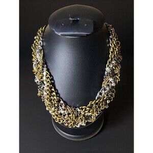 Chunky Mixed Metal Statement Necklace Gold Silver Rhinestone Bib Industrial